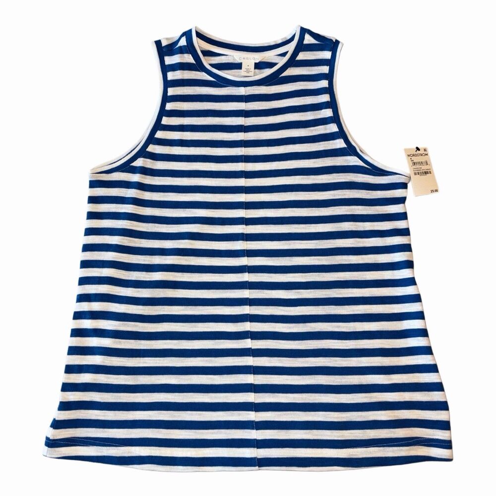 Caslon Tank Top Blue White Striped Womens Medium Casual Sleeveless Nordstrom NWT